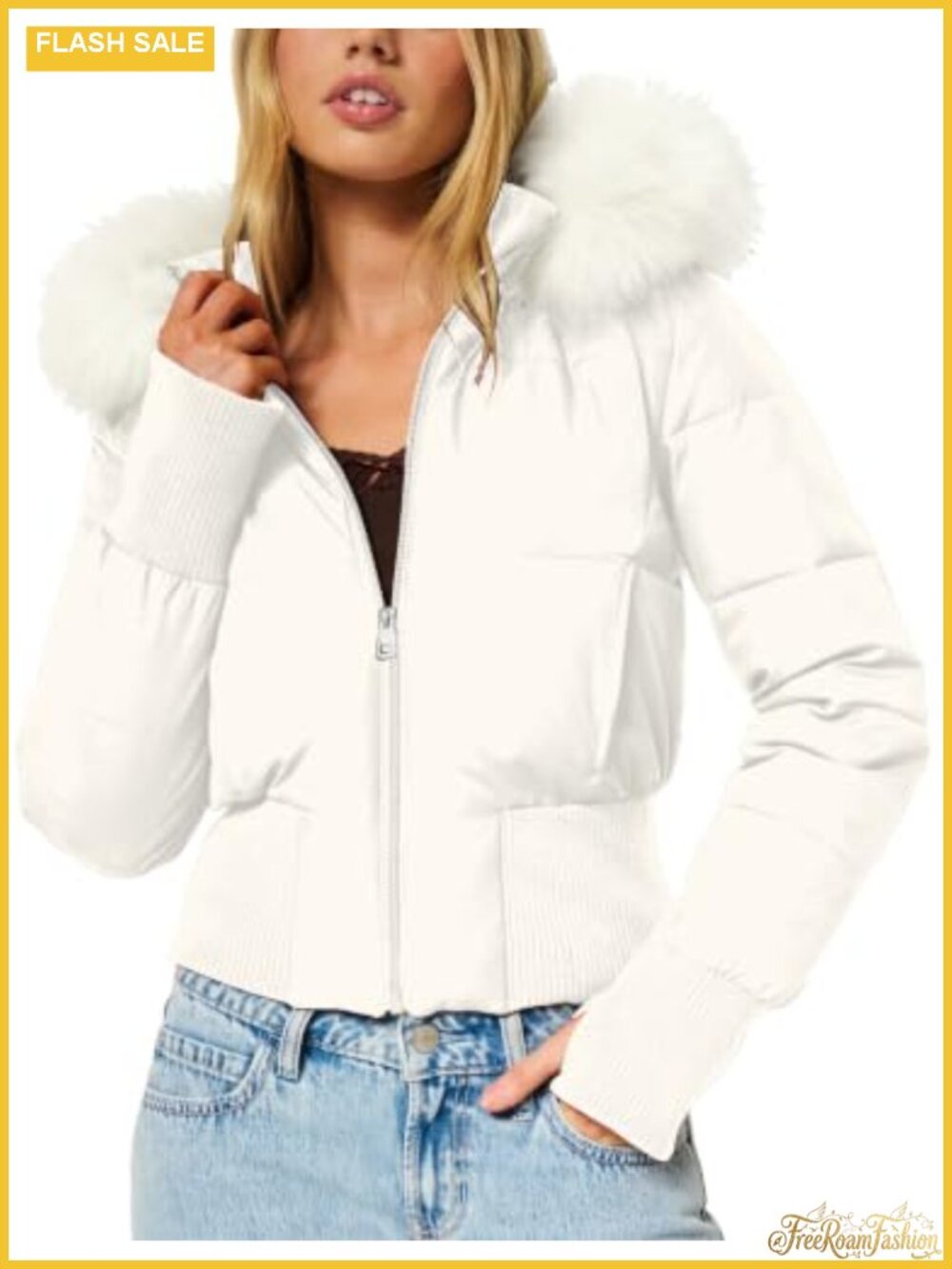 Womens Faux Fur Trim Hooded Cropped Puffer Jacket Quilted Winter Coat